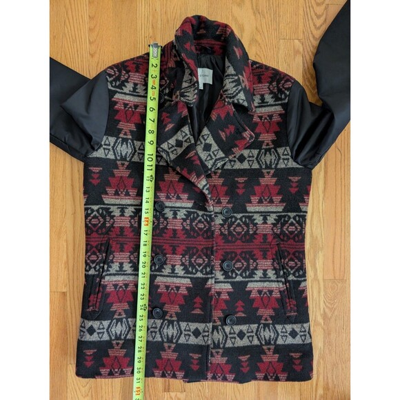 Sun Stone Southwestern Red Black Small Wool Blend Pea Coat Jacket Aztec Winter - Picture 10 of 11